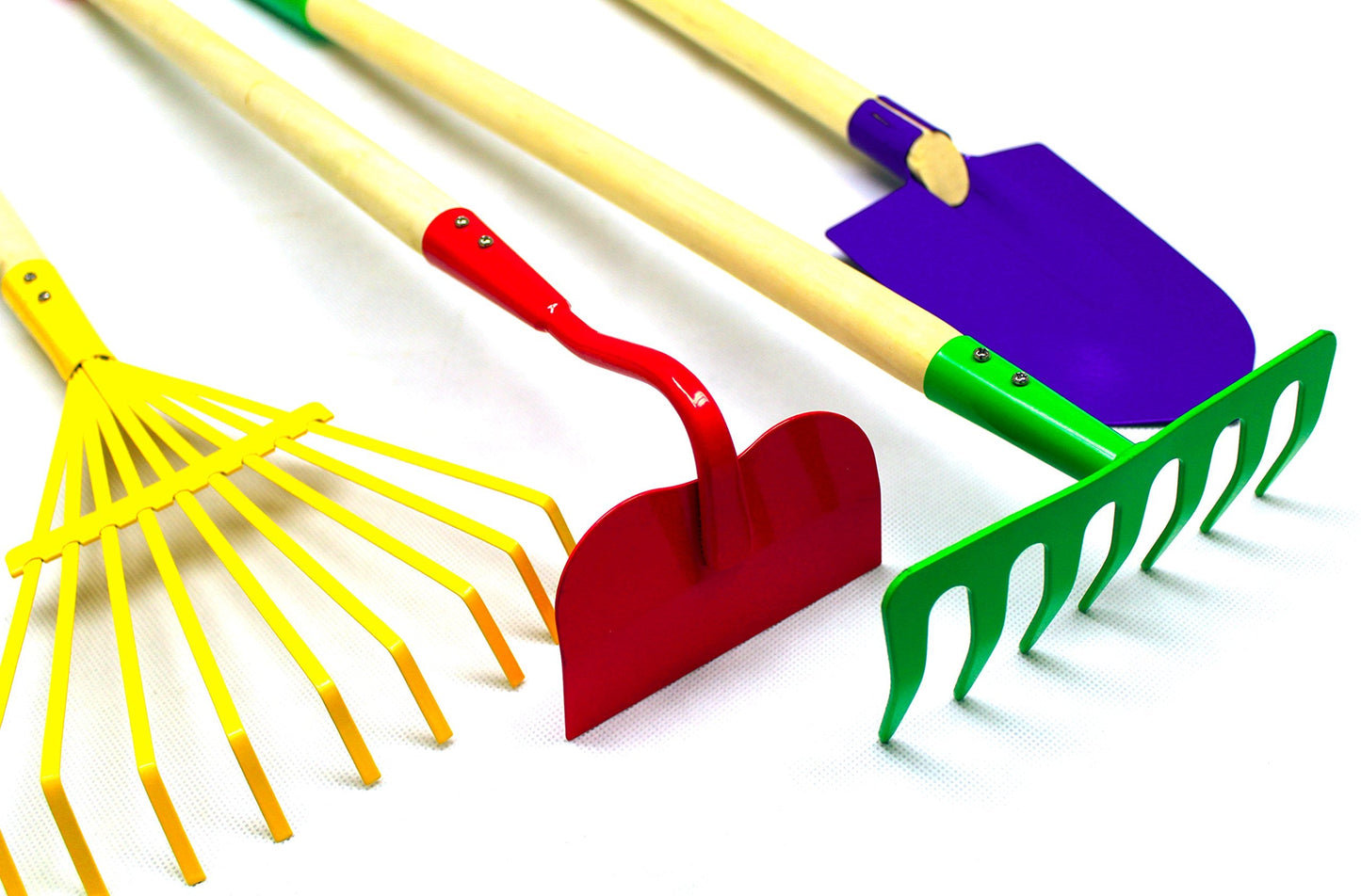 Kids Garden Tool Set Toy, Rake, Spade, Hoe and Leaf Rake, reduced size , made of sturdy steel heads and real wood handle, 4-Piece, Multicolored
